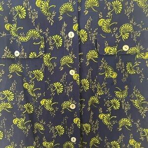 Vintage Button Up Blue Shirt with Gingko Pattern